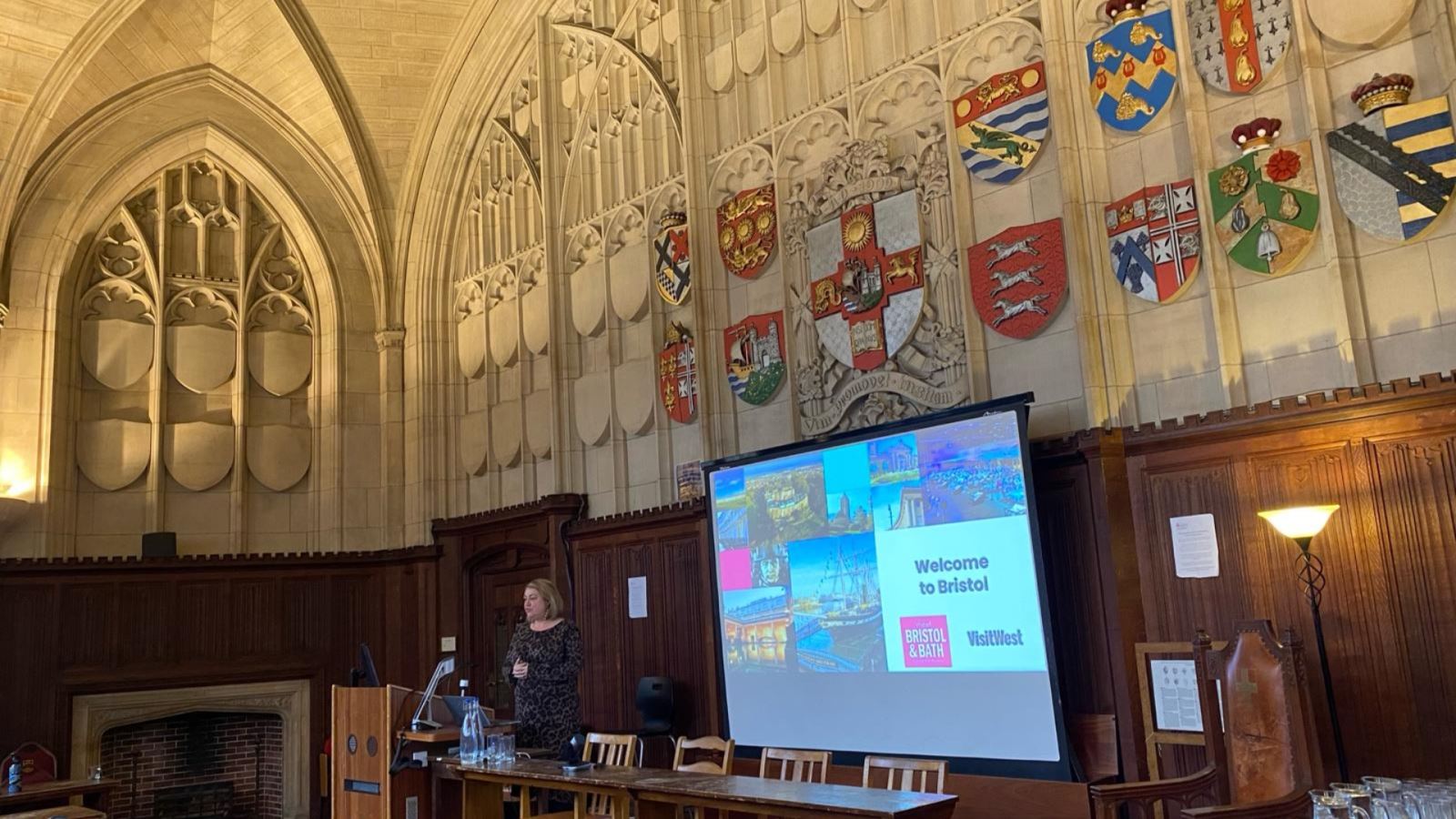 Kathryn Davis gives a presentation to the GANG delegation in University of Bristol Wills Memorial Building